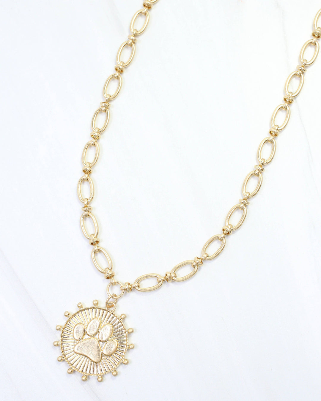 Carmen Coin Necklace Paw Print Worn Gold