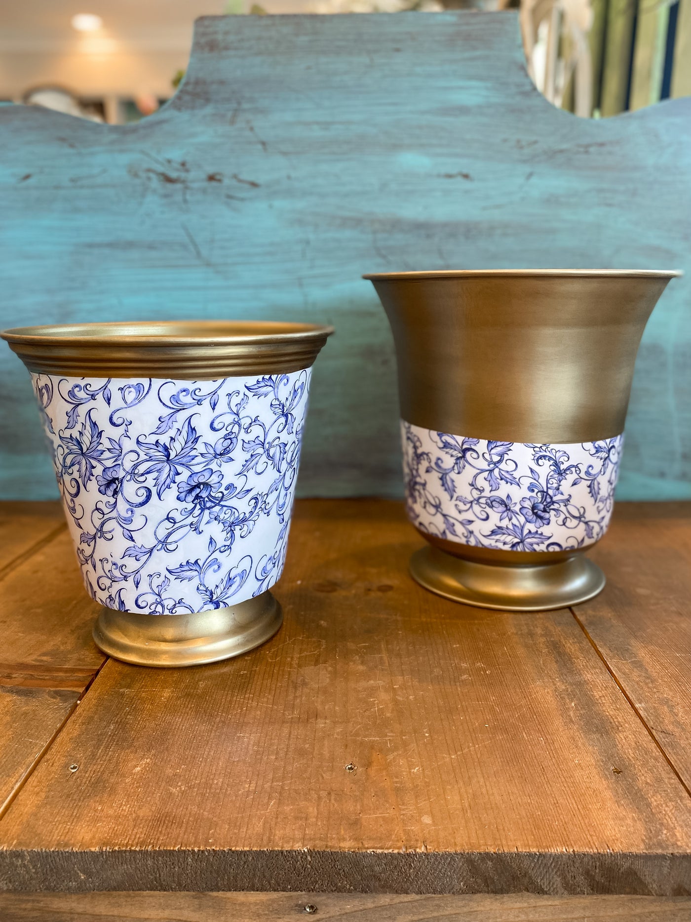 Brass Metal & Blue Floral Vases (Set of 2)