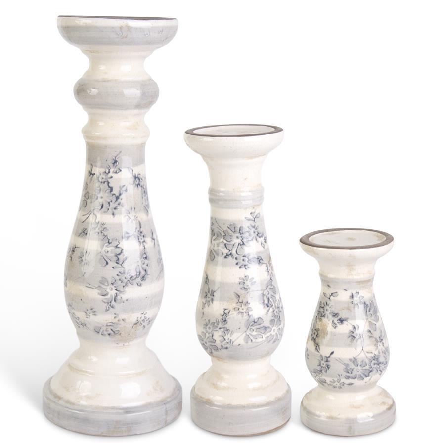Ceramic Crackle W/Gray Floral Candleholders