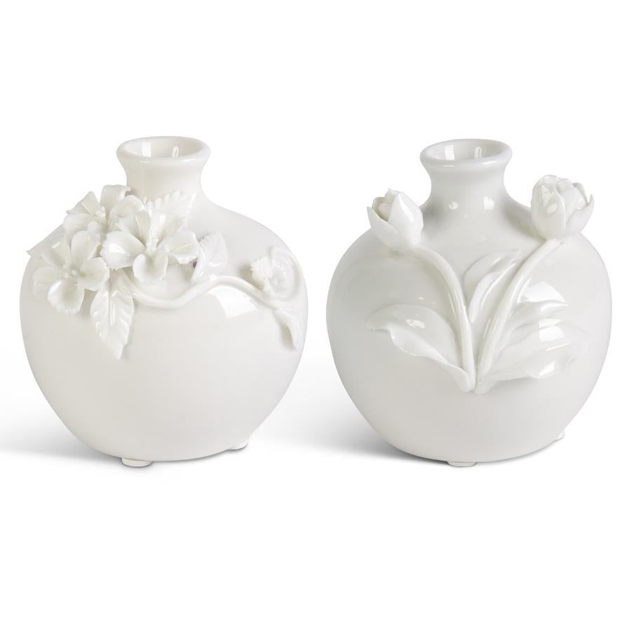 White Ceramic Vase W/Raised Flowers